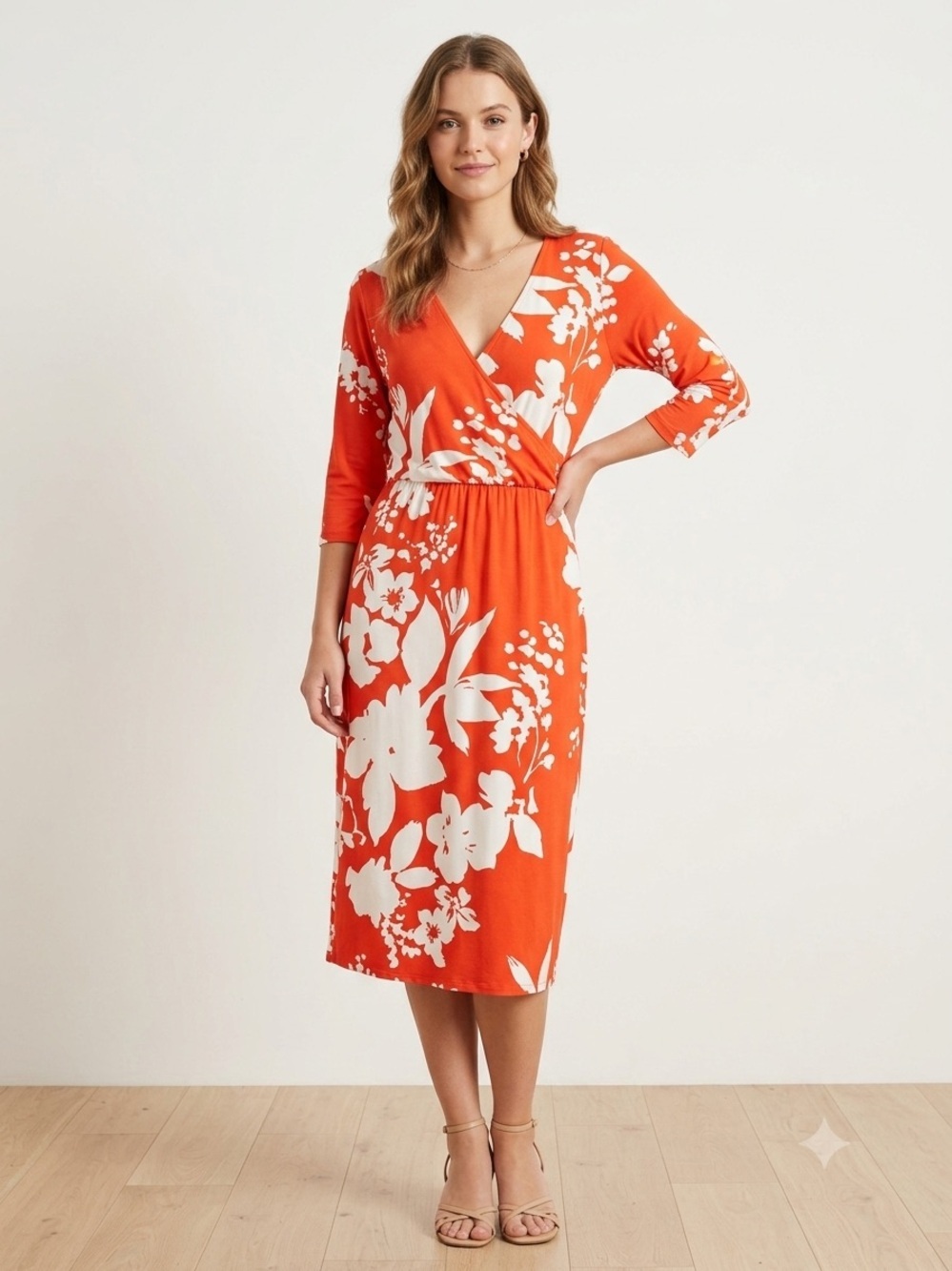 Victoria's Secret Vintage Floral Faux Wrap Midi Dress Orange White S